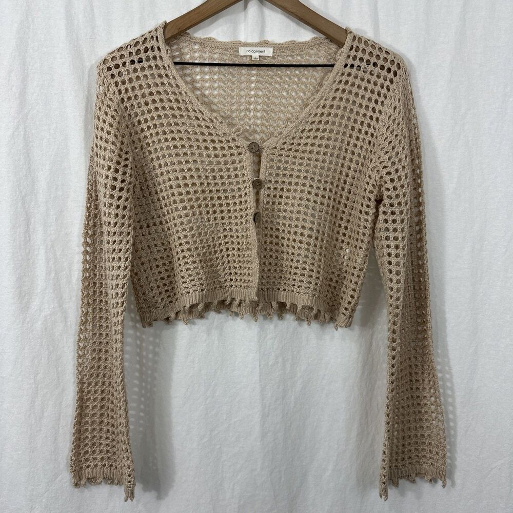 No Comment Tan Open Crochet Knit Flare Sleeve Button Cardigan Womens Sz L Boho